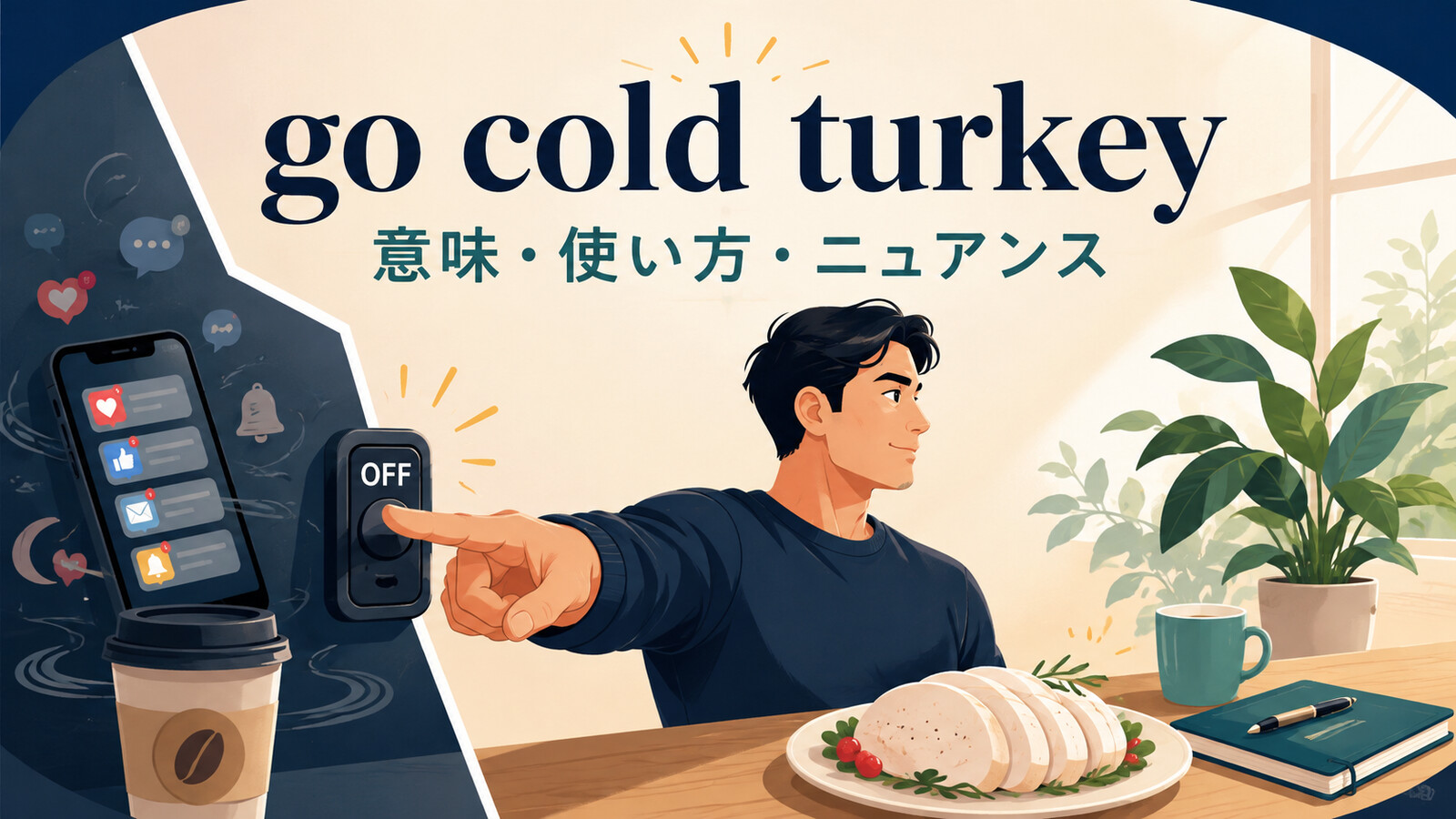 go cold turkeyの意味・使い方・ニュアンスを解説するアイキャッチ画像