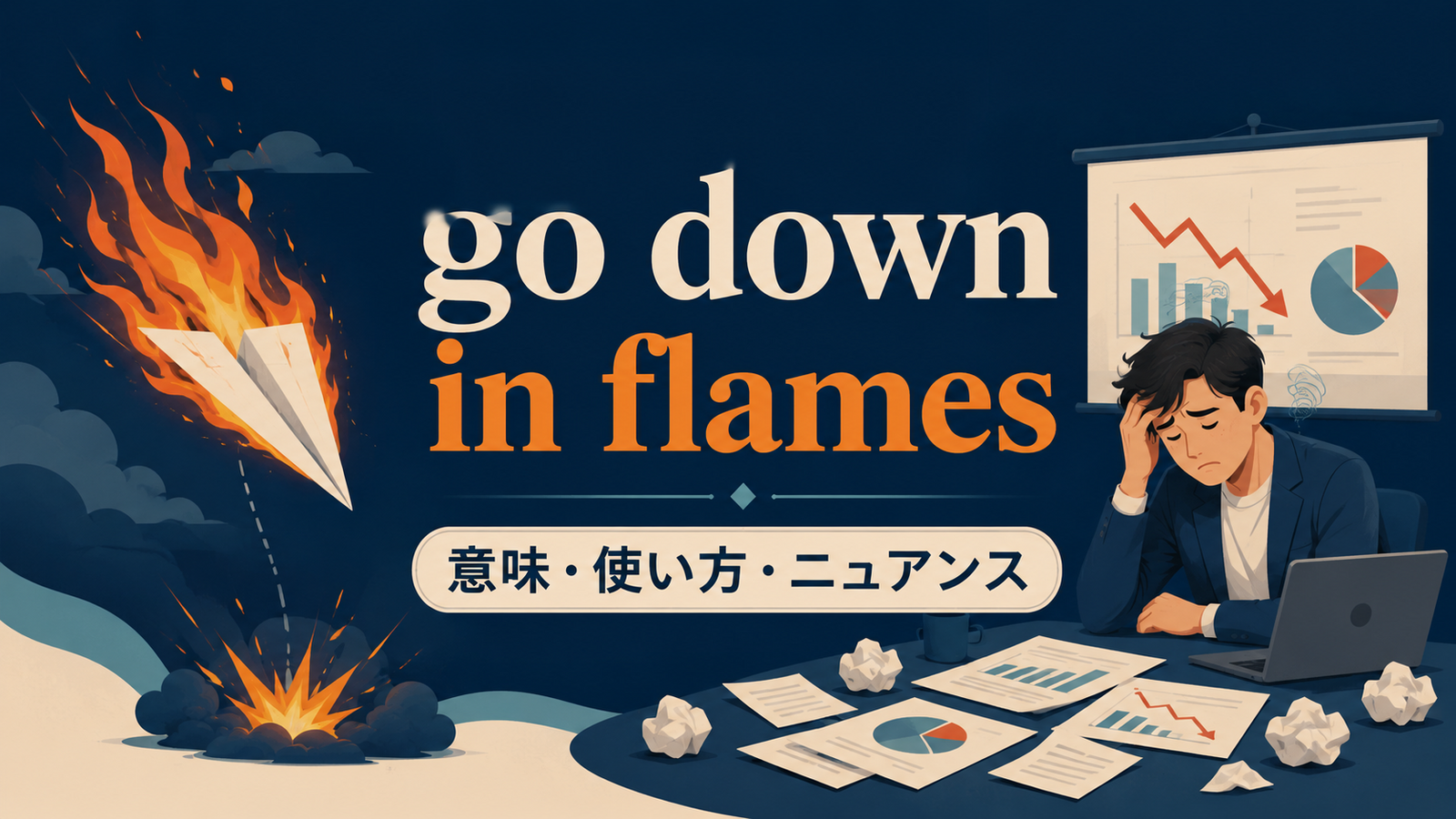 go down in flamesの意味・使い方・ニュアンスを表すアイキャッチ