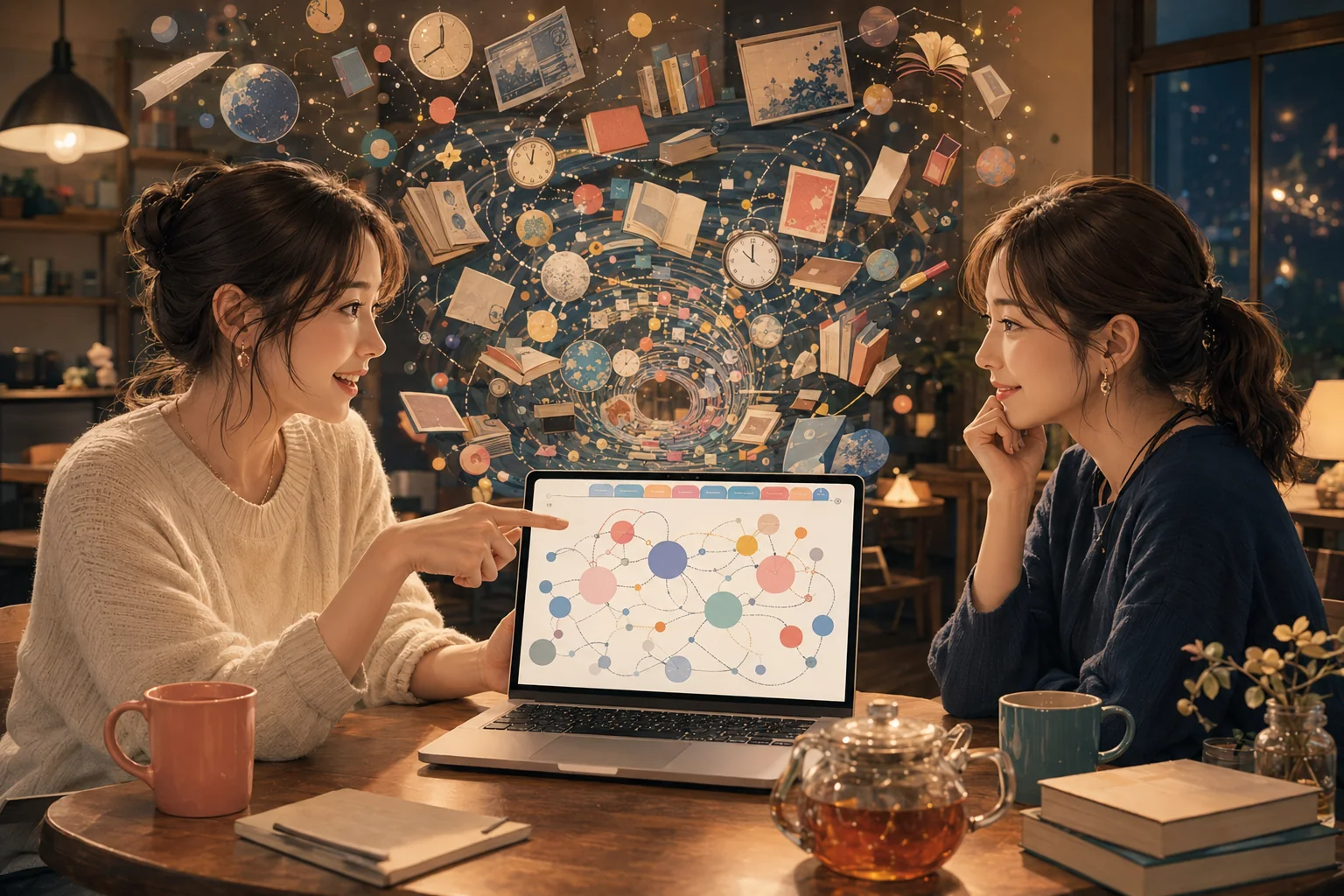 インターネットで興味のあるテーマを深掘りして沼にはまる女性たちのイラスト
