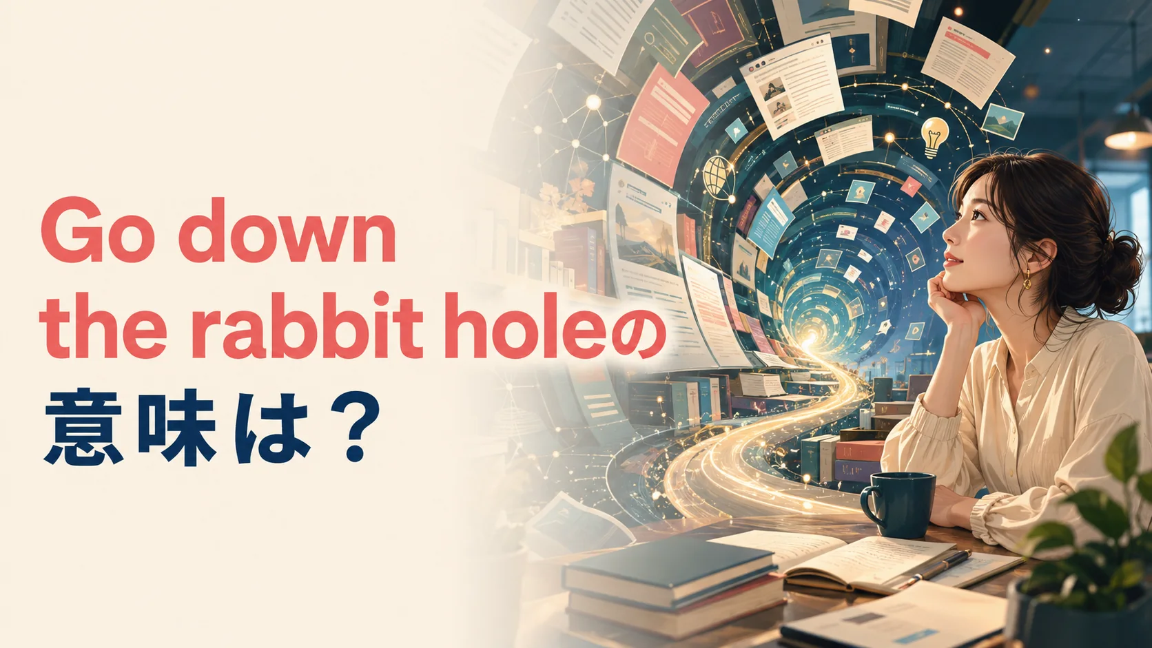 Go down the rabbit holeの意味は?情報の奥へ続く道を見つめる女性のアイキャッチ