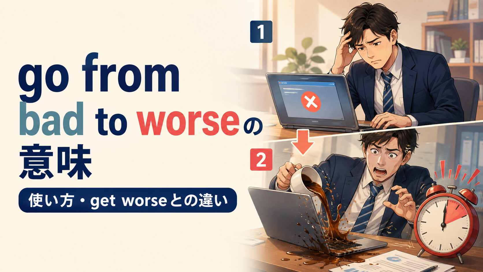 go from bad to worseの意味とget worseとの違いを解説するアイキャッチ画像