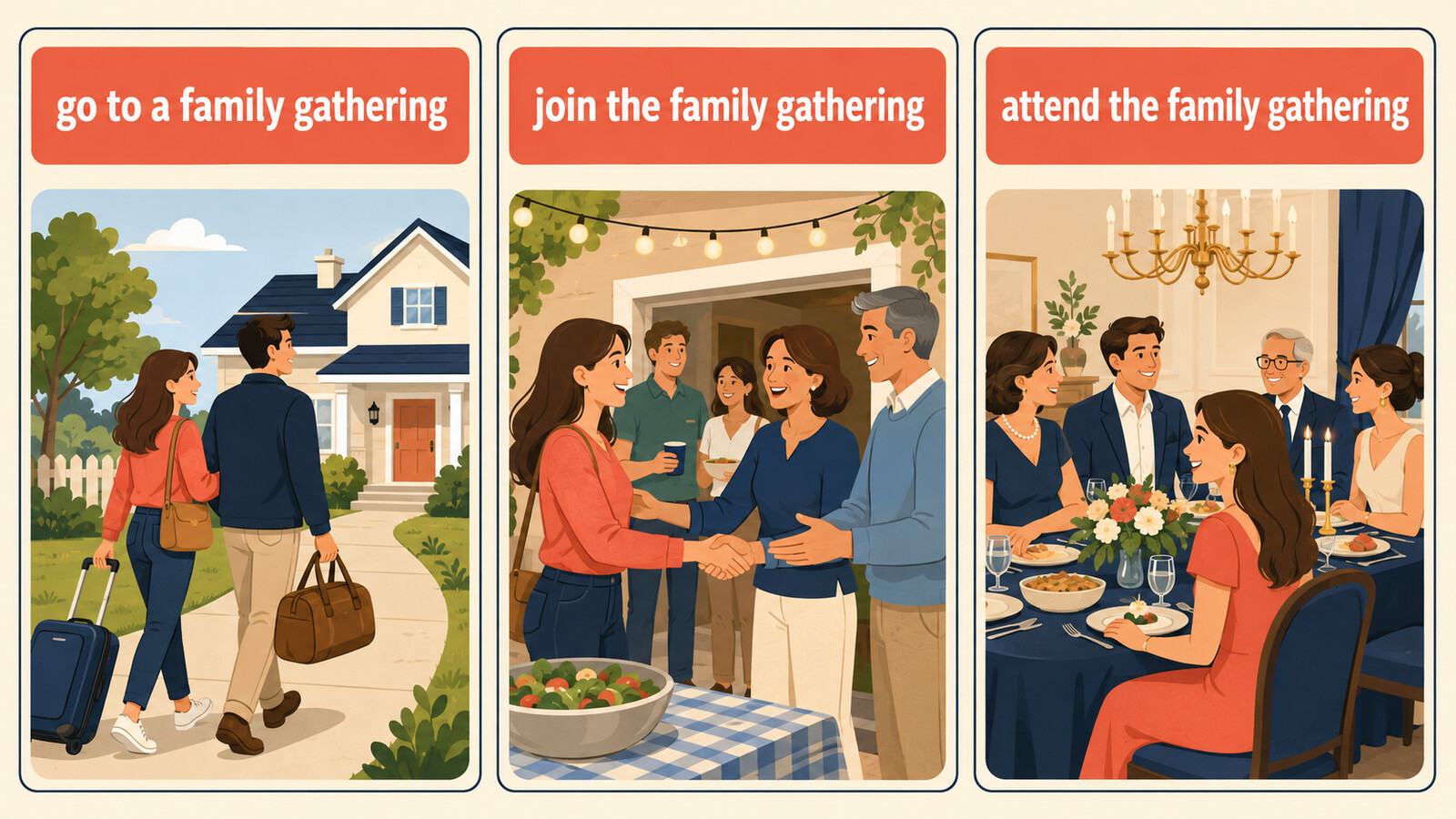 go to・join・attend a family gatheringの違いを示すイラスト