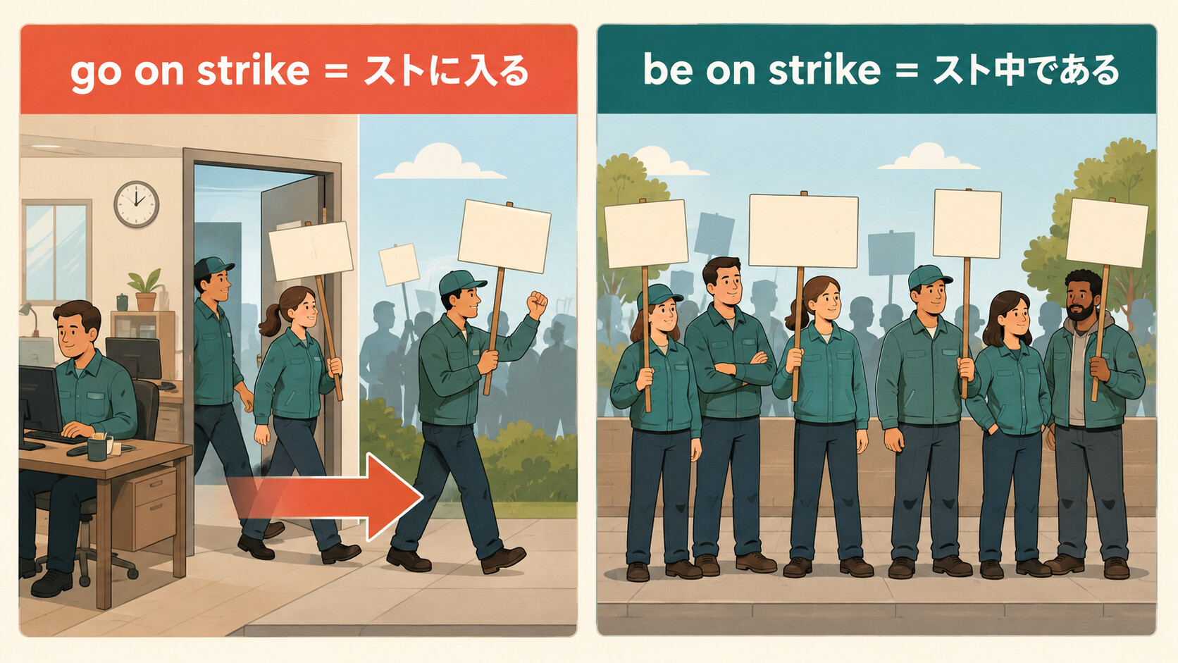 go on strikeはストに入る動き、be on strikeはスト中の状態を示す比較イラスト