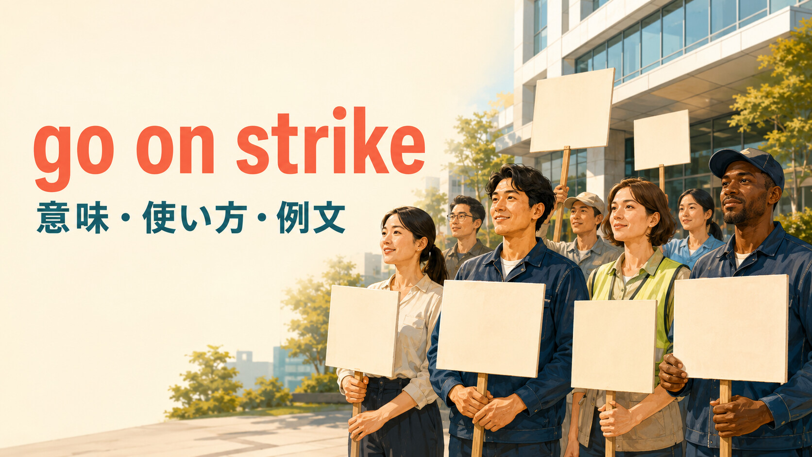 職場前で平和的にストライキをする労働者とgo on strikeの意味・使い方