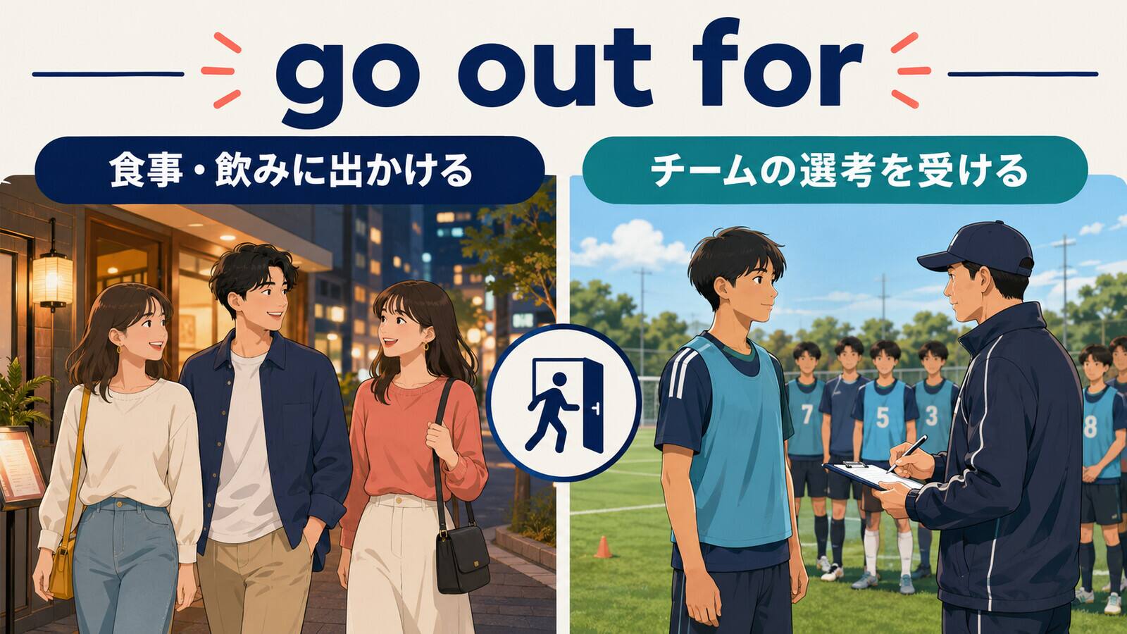go out forの食事や飲みに出かける用法とチームの選考を受ける用法を比較する図
