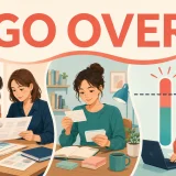 GO OVERの文字と、資料を確認する・復習する・限度を超える場面を描いたイラスト