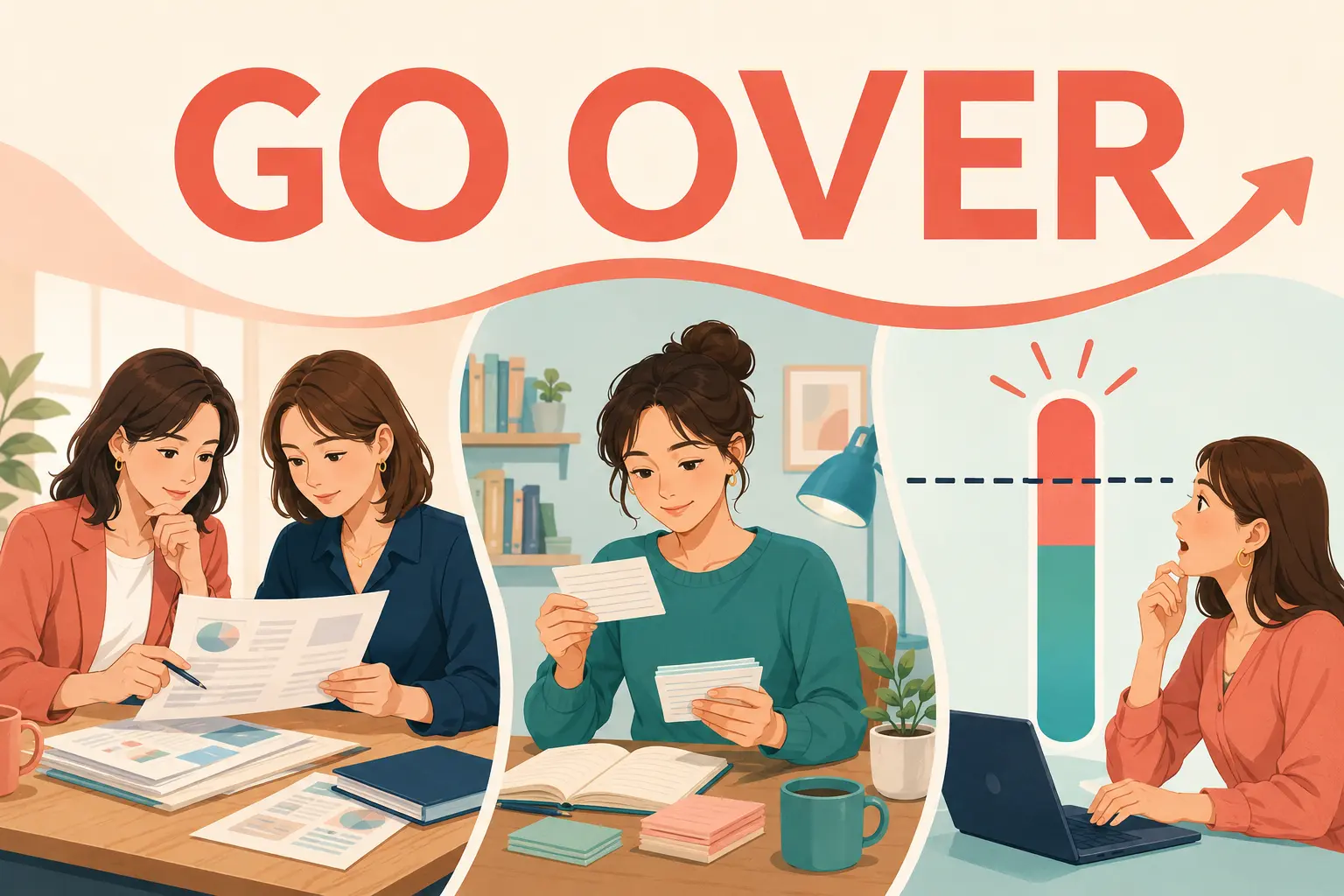 GO OVERの文字と、資料を確認する・復習する・限度を超える場面を描いたイラスト