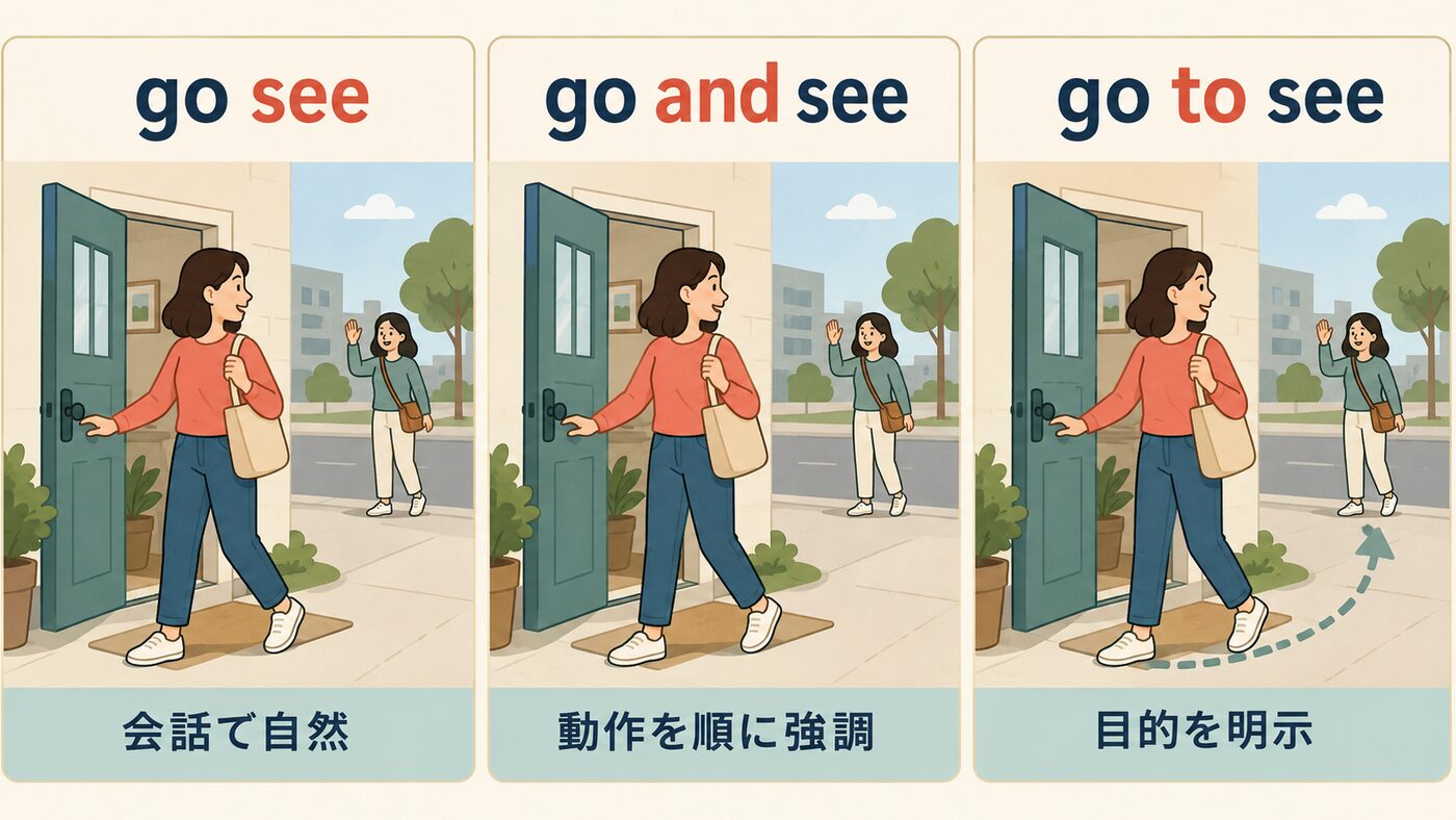 go see・go and see・go to seeのニュアンスを比較したイラスト
