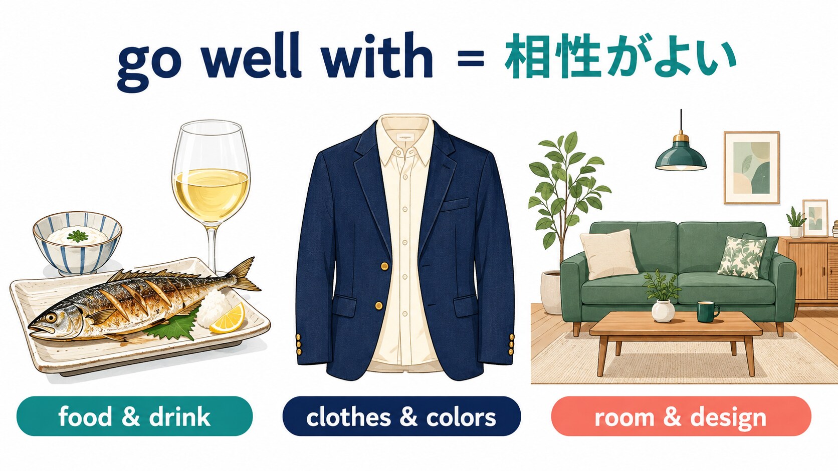 食べ物と飲み物、服と色、部屋とデザインの相性を示す図解