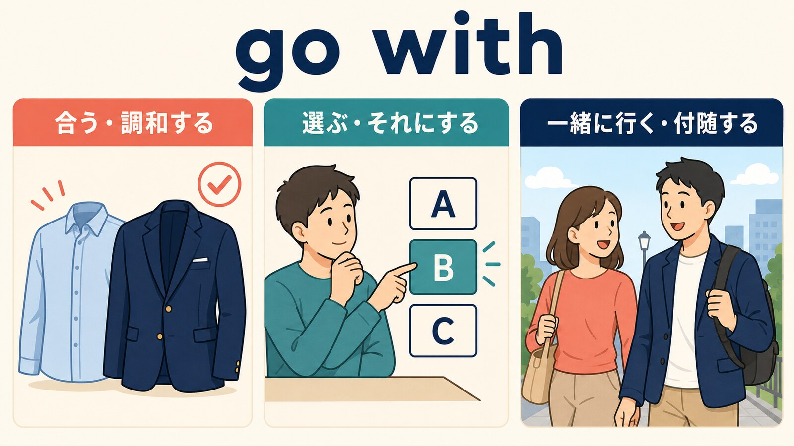 go withの合う・選ぶ・一緒に行くという3つの意味を示すイラスト
