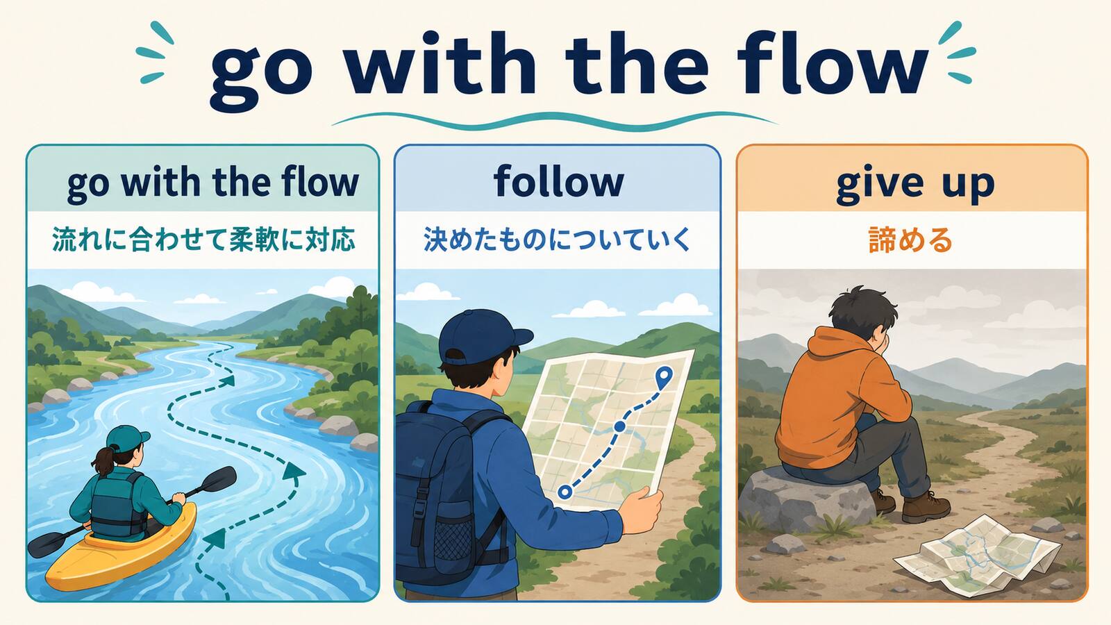 go with the flowとfollow・give upのニュアンスの違いを比較した図