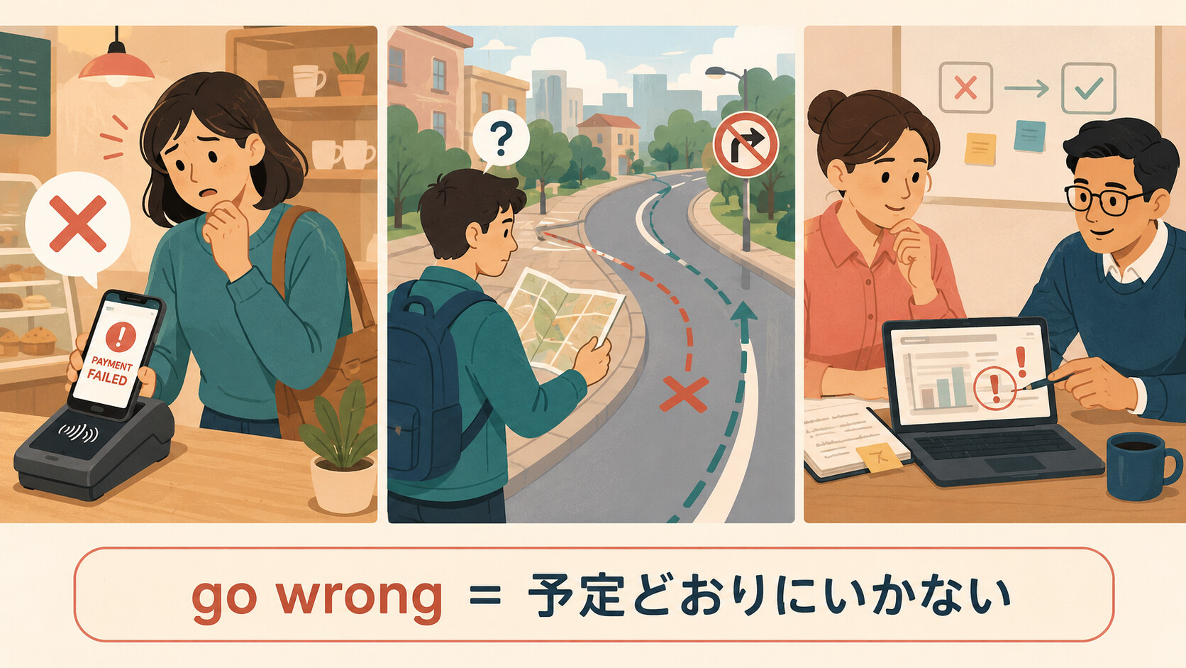 支払い失敗・道順の間違い・仕事のミスでgo wrongの意味を示すイラスト