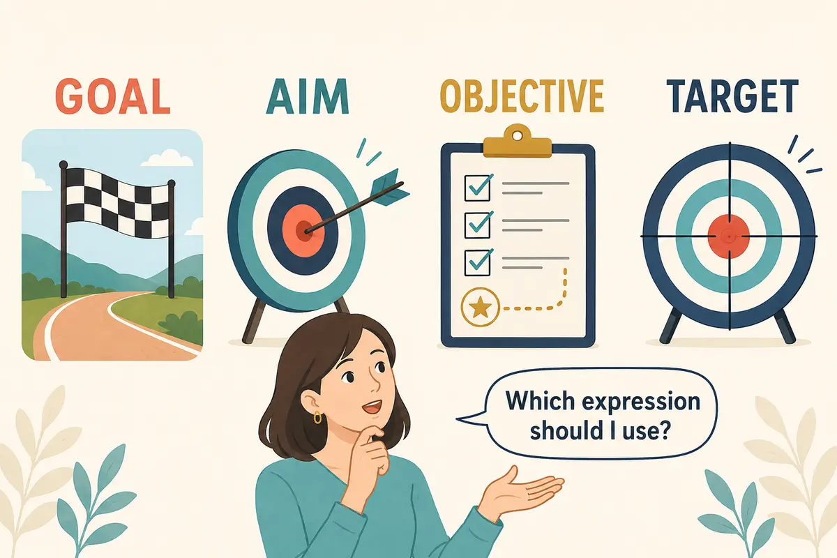 goal・aim・objective・targetの違いを表す英語学習イラスト