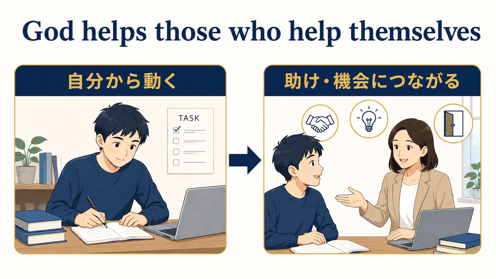 God helps those who help themselvesの考え方を示す解説イラスト