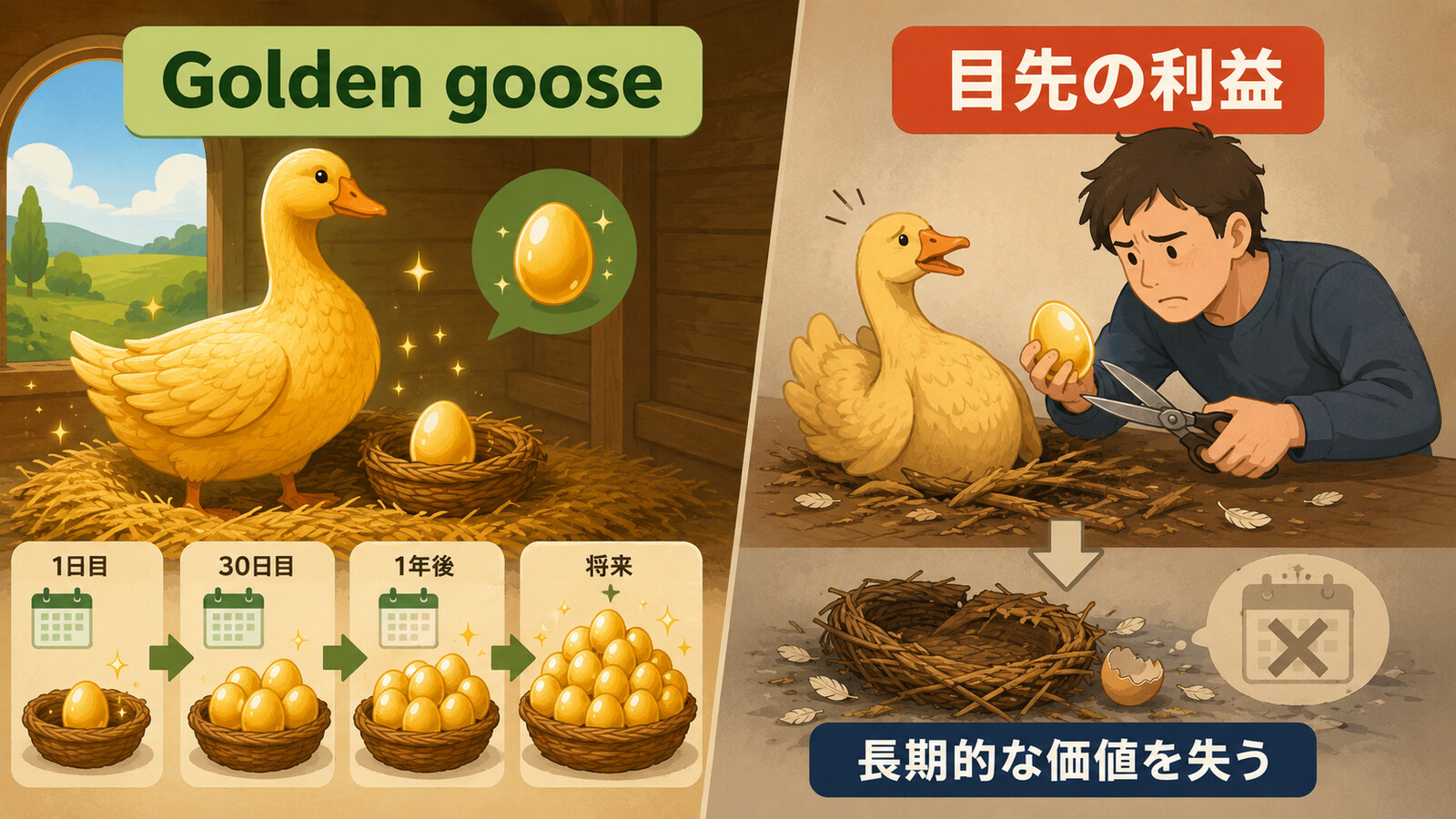 Kill the goose that lays the golden eggs.の語句とニュアンスを図解