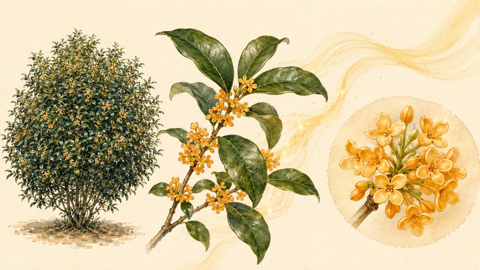 金木犀の常緑樹・枝・小さなオレンジ色の花と香りを示す植物イラスト