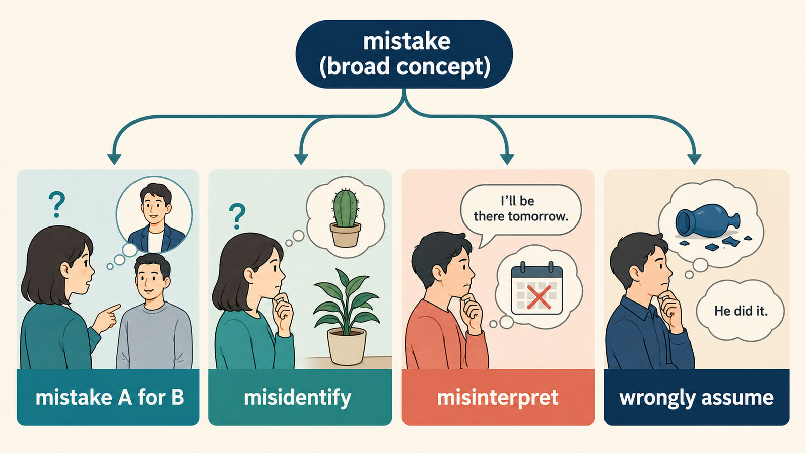 mistake A for B・misidentify・misinterpret・wrongly assumeの違い