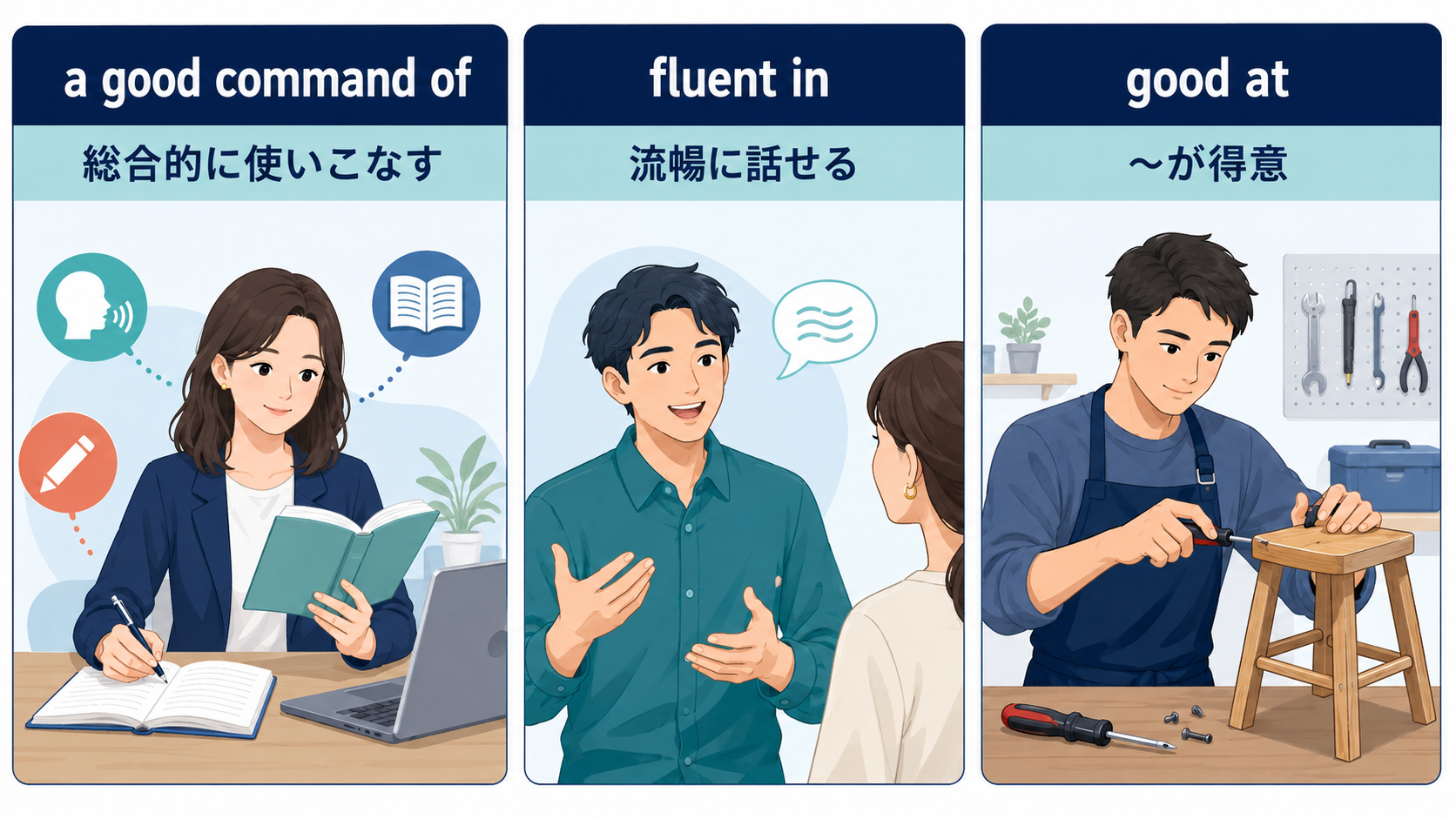a good command of・fluent in・good atのニュアンス比較