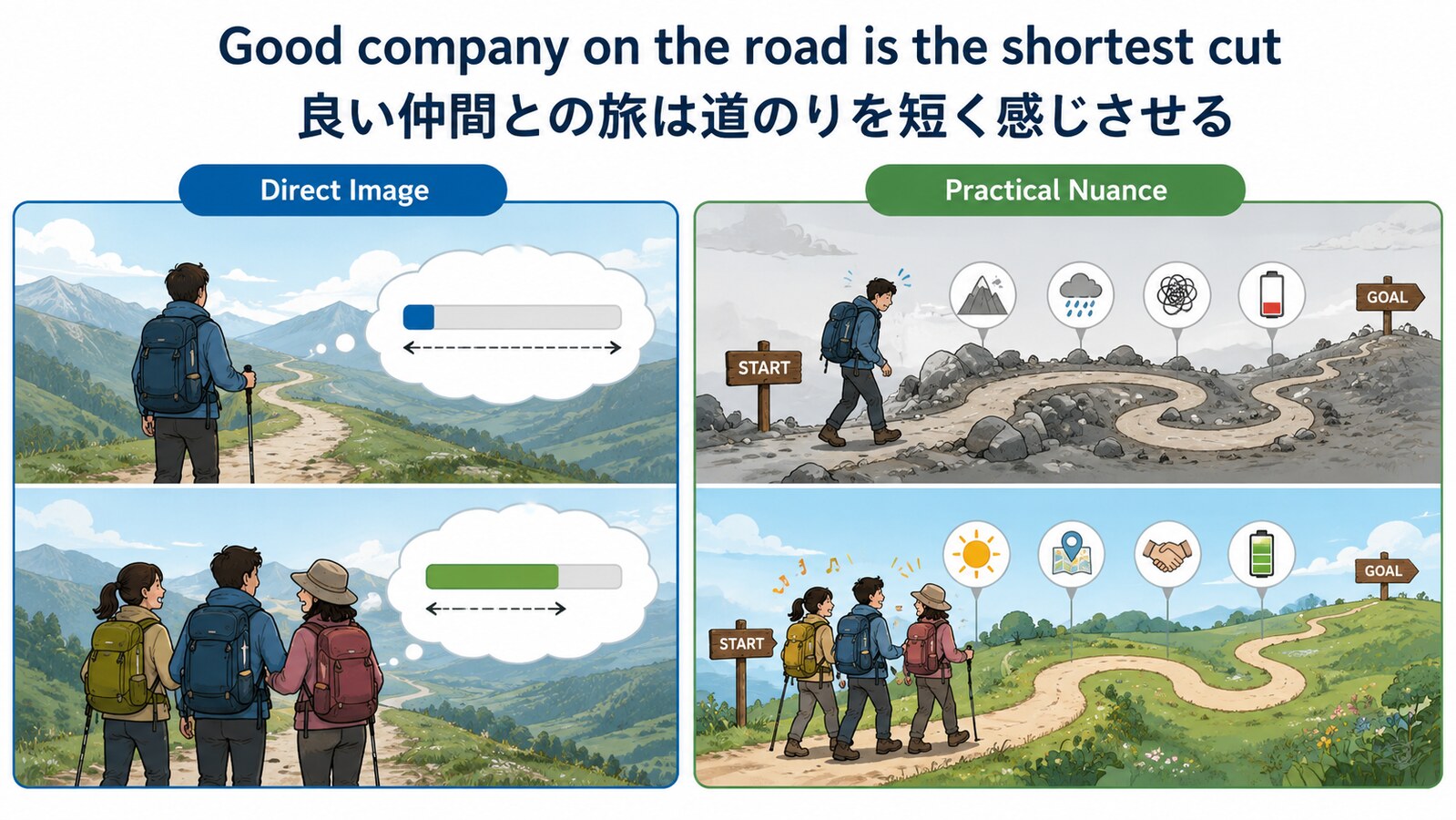 Good company on the road is the shortest cutの直訳と実際のニュアンスを図解