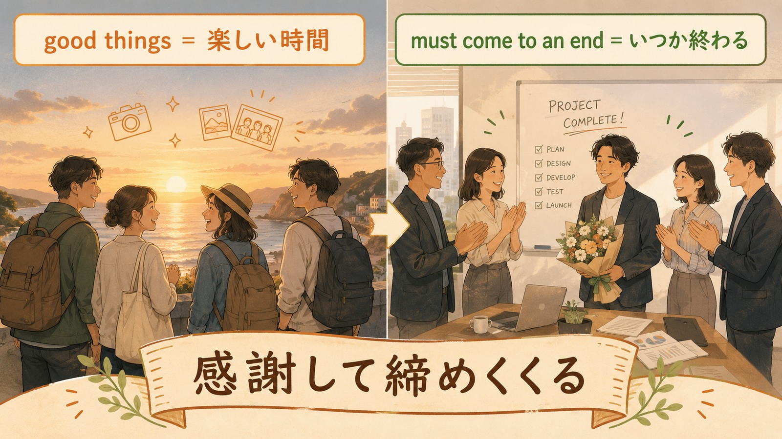 All good things must come to an end.の直訳・ニュアンス・注意点を比較する解説イラスト