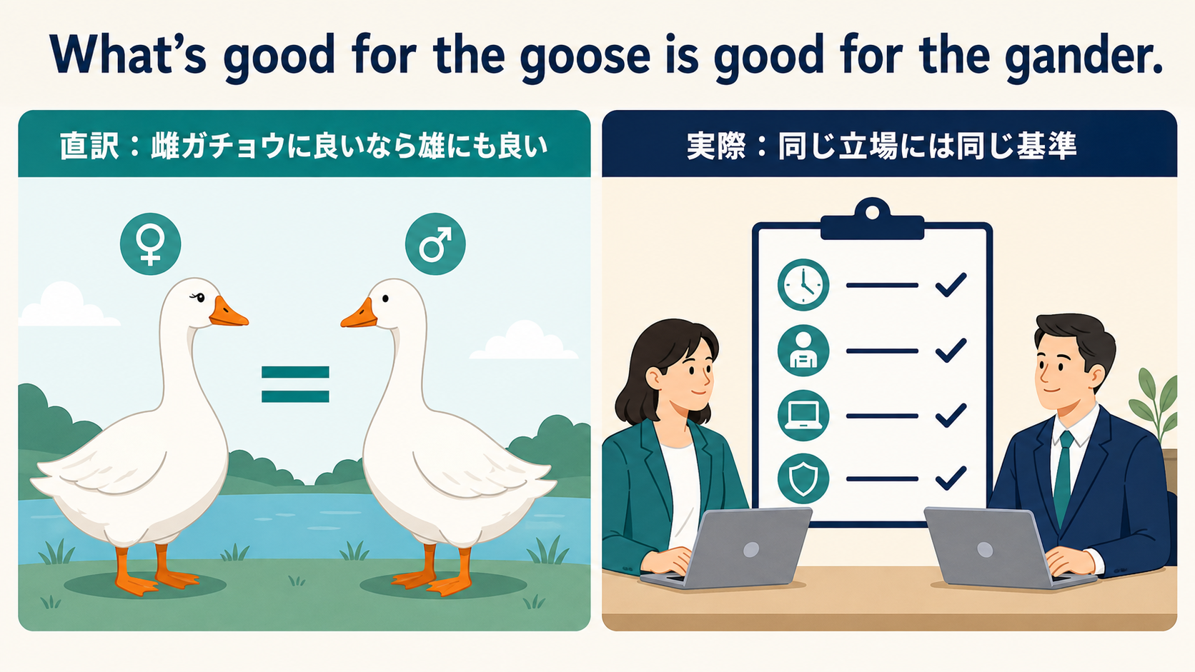 What's good for the goose is good for the gander.の直訳と実際のニュアンスを比較する図解