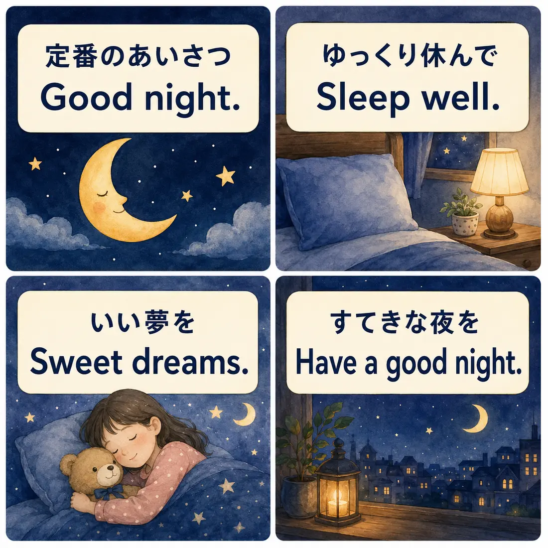 Good night、Sleep well、Sweet dreams、Have a good nightの違い