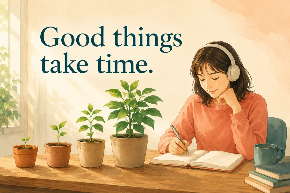 Good things take time. 植物の成長とともに英語学習を続ける女性のイラスト