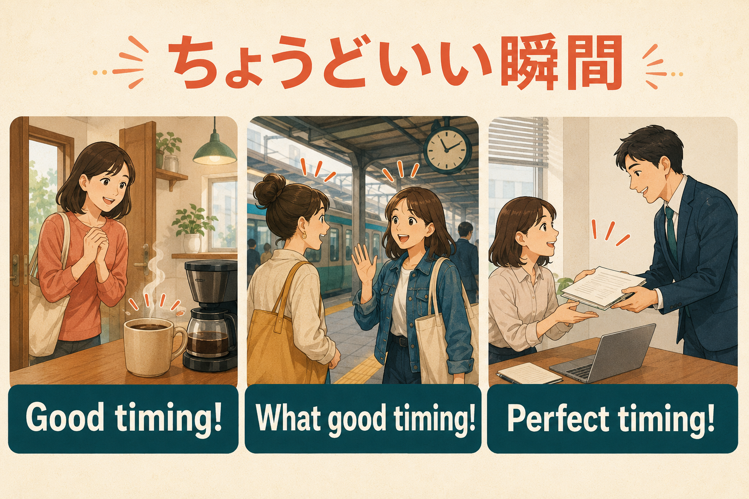 Good timing、What good timing、Perfect timingの使い方を場面別に示すイラスト