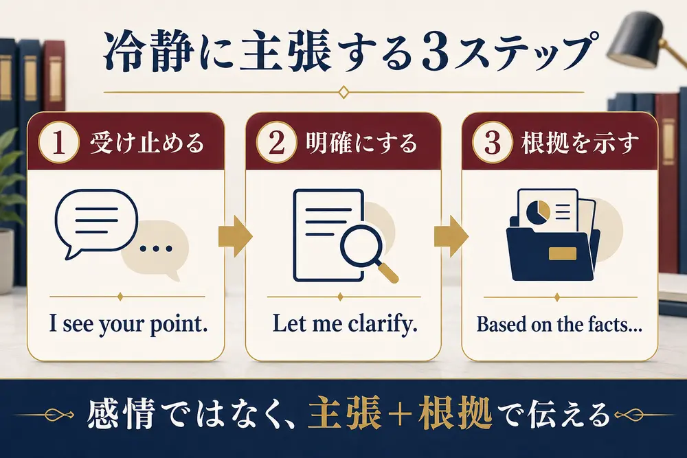 I see your point、Let me clarify、Based on the factsで冷静に主張する英語
