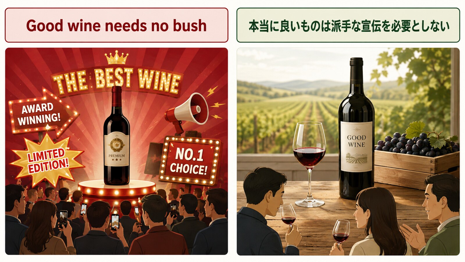 Good wine needs no bushの直訳と実際のニュアンスを図解