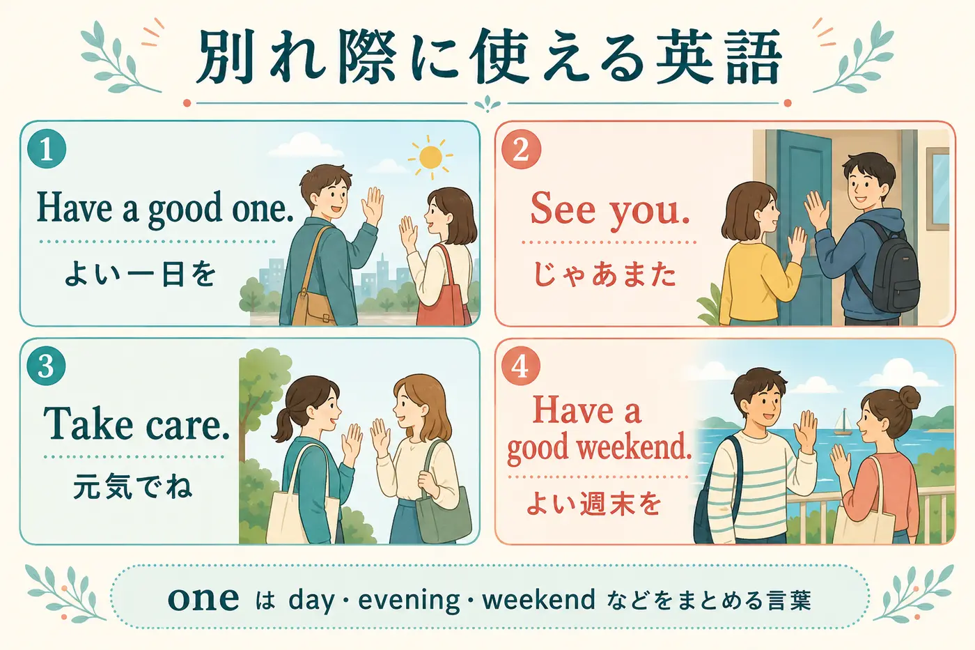 別れ際に使える英語|Have a good one・See you・Take care