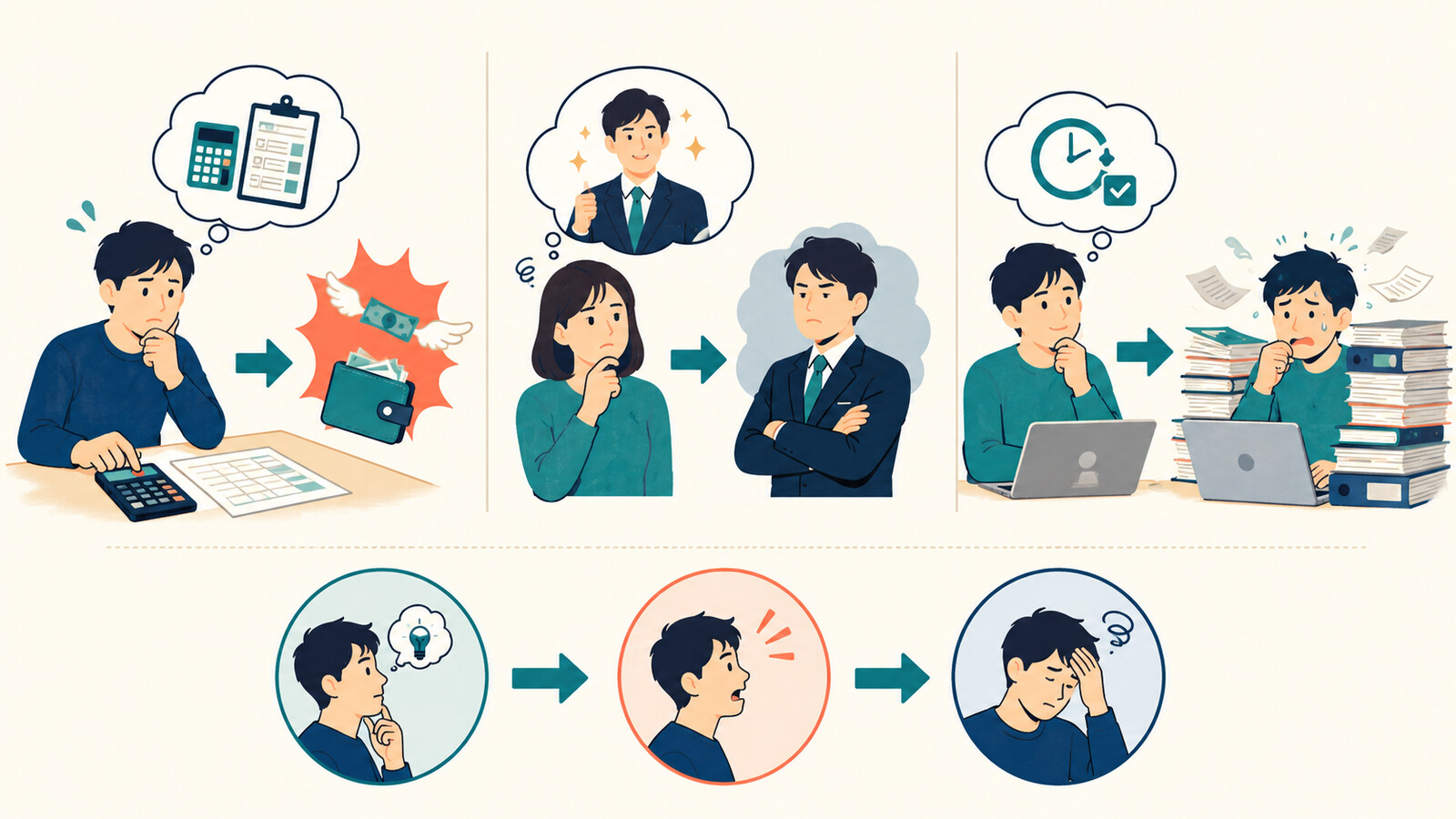 数字・人や状況・必要量の誤算を英語で分けるイラスト