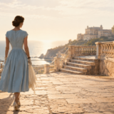 映画セットから地中海の光へ歩く架空の女性を描いたグレース・ケリー名言記事のイメージ