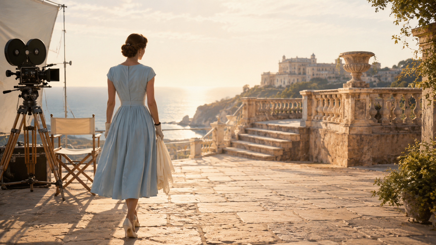 映画セットから地中海の光へ歩く架空の女性を描いたグレース・ケリー名言記事のイメージ