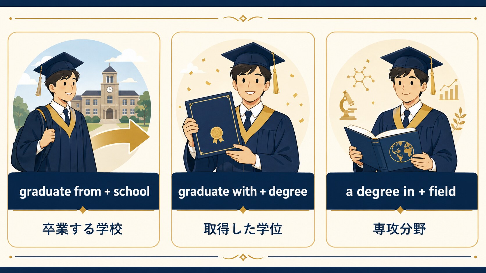 graduate fromは学校、withは学位、inは専攻分野を表す違い