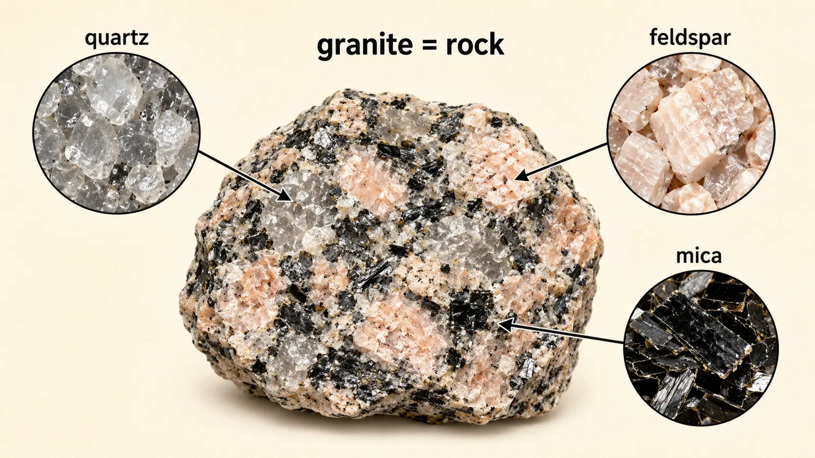 graniteがquartz、feldspar、micaからなる岩石だと示す英語解説イラスト
