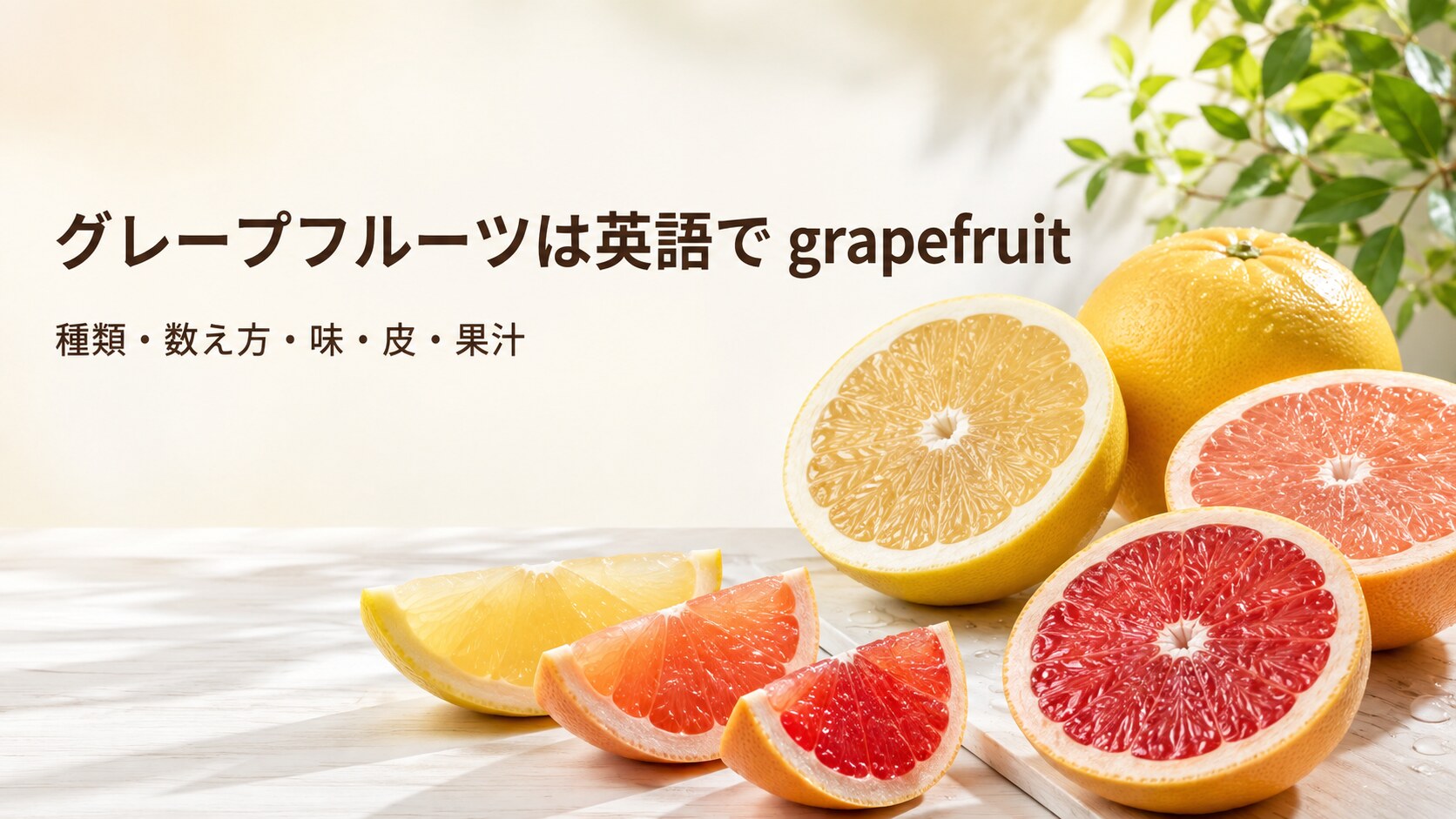 白・ピンク・ルビーレッドのグレープフルーツと「グレープフルーツは英語で grapefruit」の文字