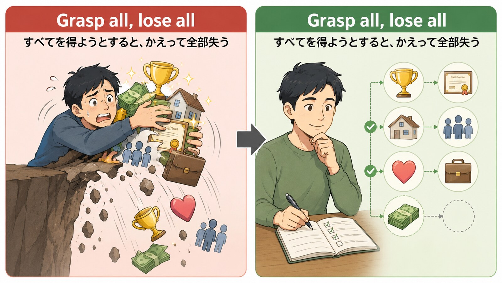 Grasp all, lose allの直訳と実際のニュアンスを図解
