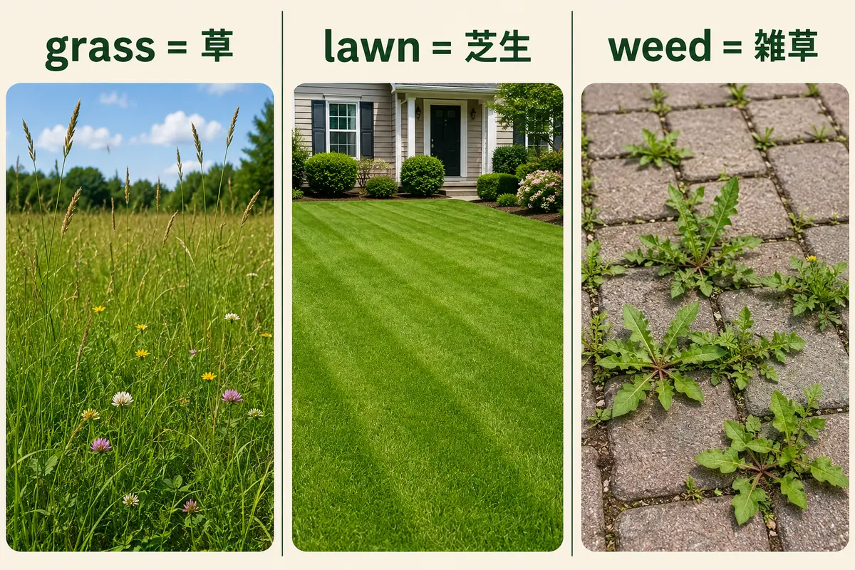 grassは草・lawnは芝生・weedは雑草の違いを示した英語教材
