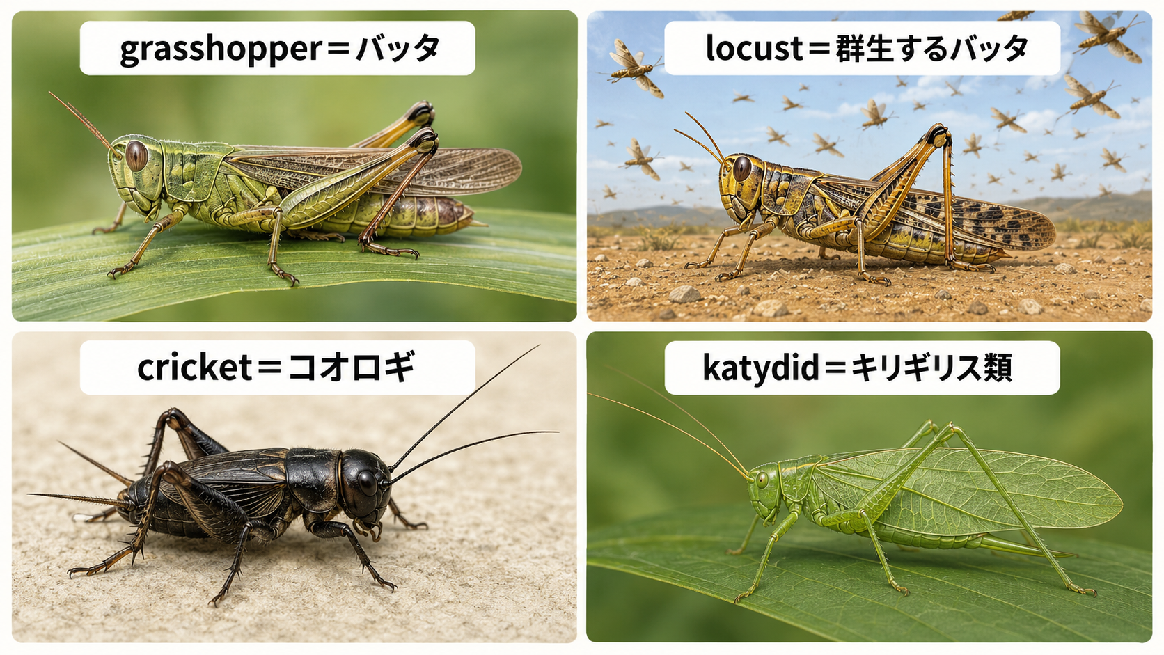 grasshopper、locust、cricket、katydidの違いを示す比較図
