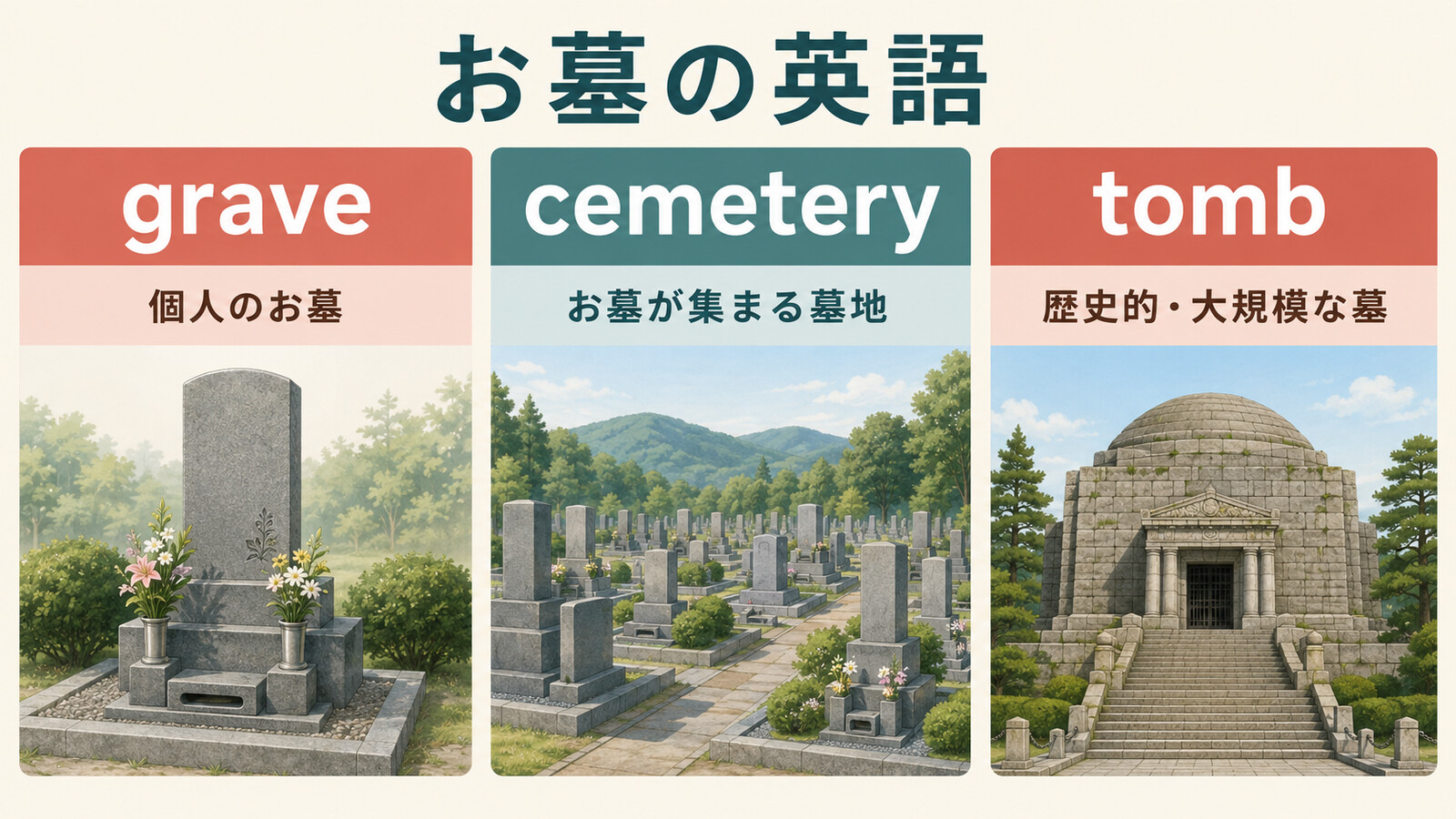 graveは個人のお墓、cemeteryは墓地、tombは歴史的な墓と示す比較イラスト