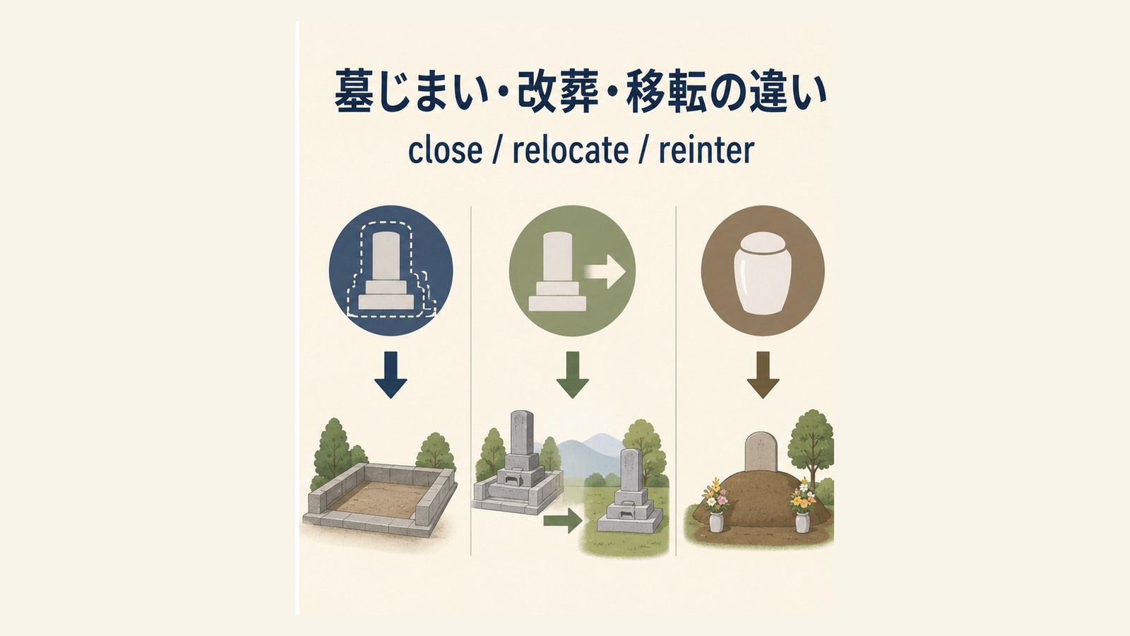 墓じまいの英語表現と使い分けを説明するイラスト