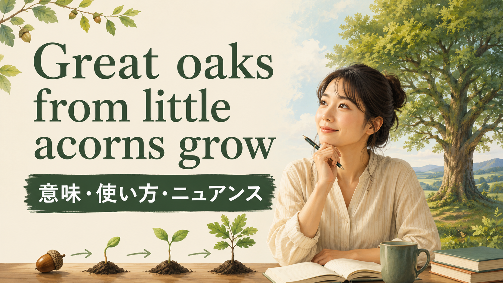 Great oaks from little acorns growの意味は？使い方・ニュアンスと例文