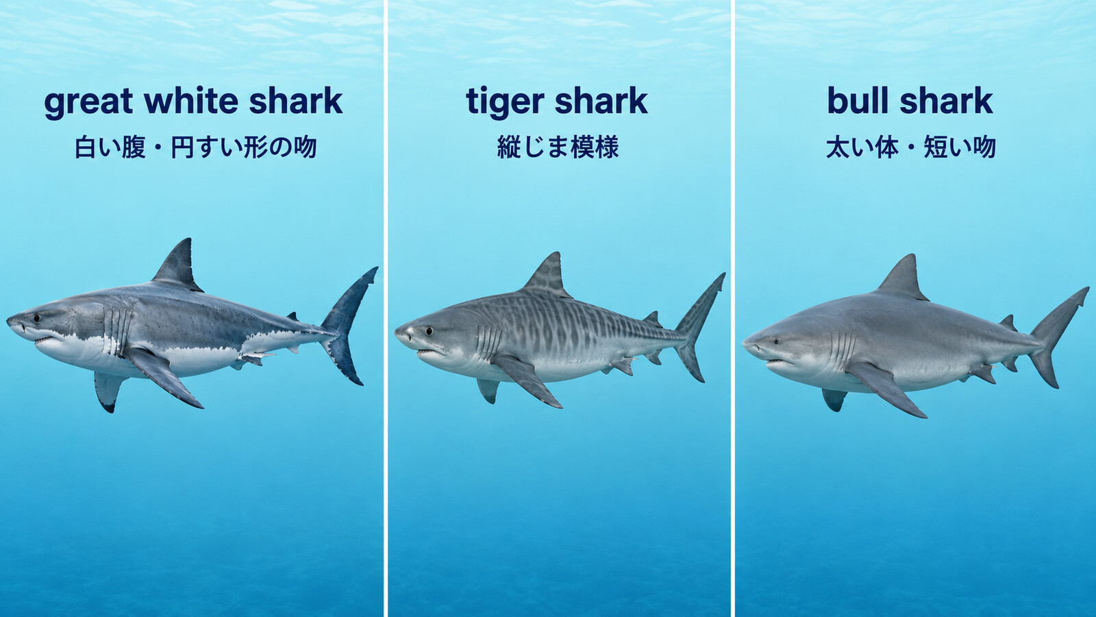 great white sharkとtiger sharkとbull sharkの外見の違いを示す比較図