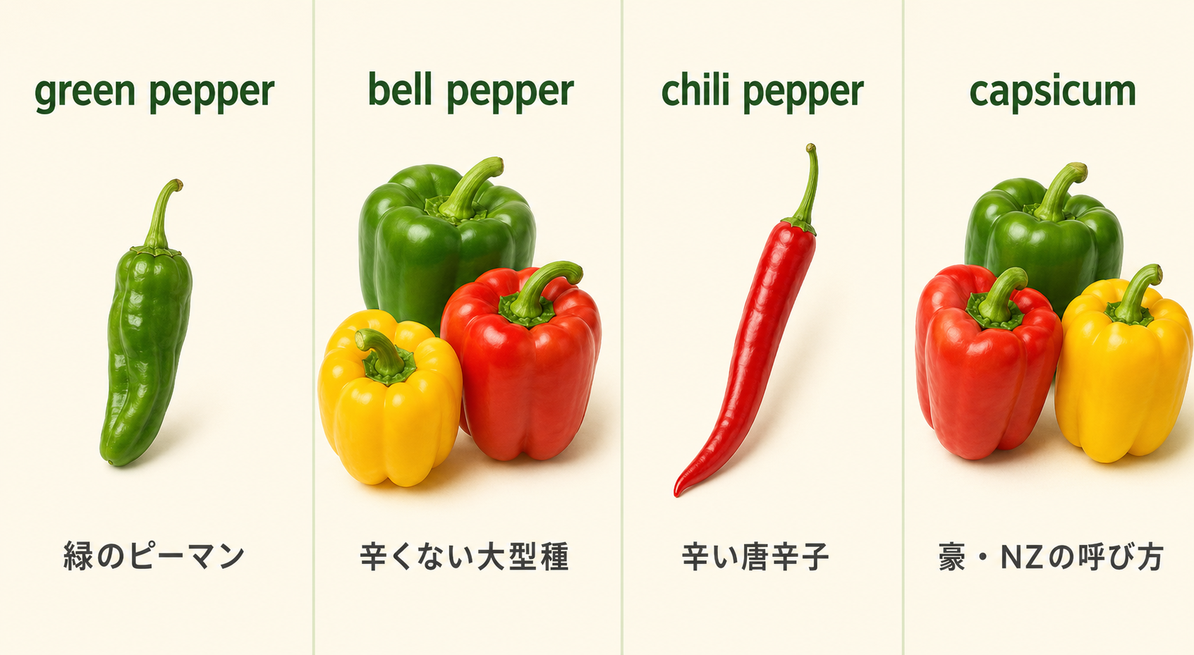 green pepper、bell pepper、chili pepper、capsicumの違いを示す比較図