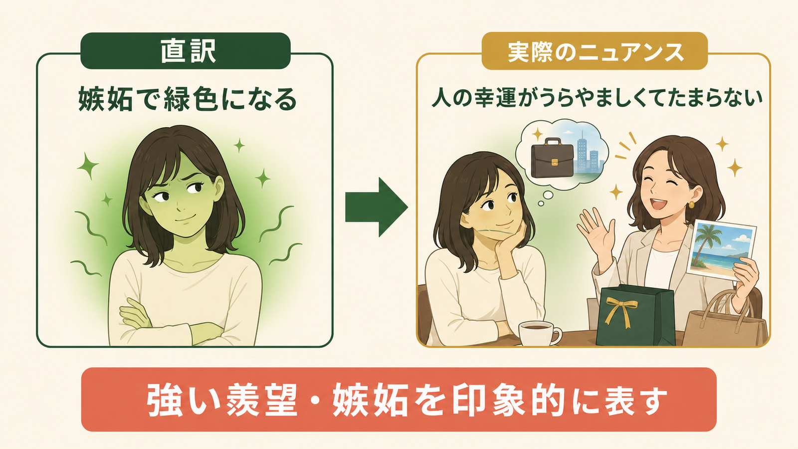 green with envyの直訳「嫉妬で緑色になる」から実際のニュアンス「人の幸運がうらやましくてたまらない」への変化