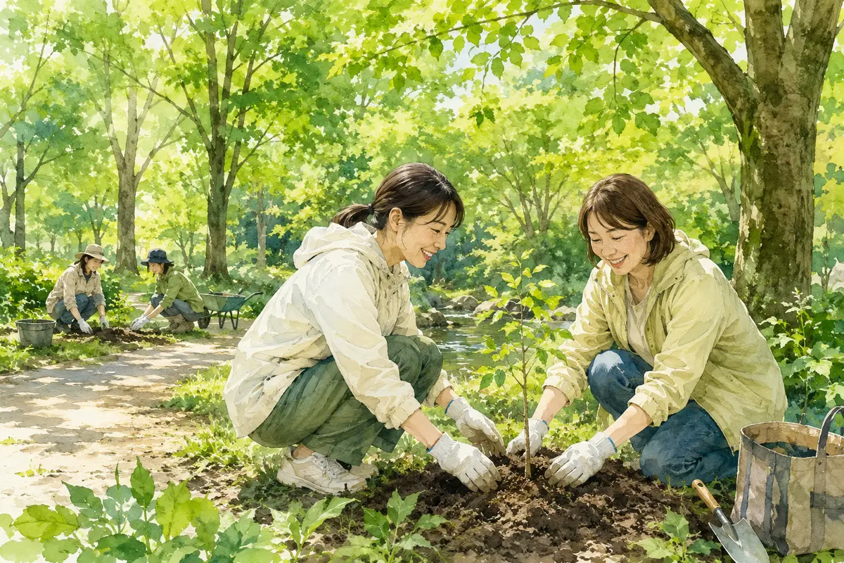 みどりの日に新緑の公園で苗木を植え自然に親しむ人々のイラスト