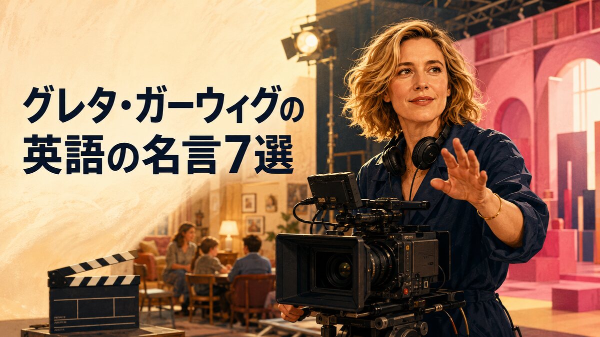 グレタ・ガーウィグの英語の名言7選をイメージした、映画撮影現場で演出する女性監督のイラスト