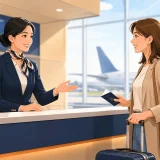 空港カウンターで外国人乗客を案内するグランドスタッフ