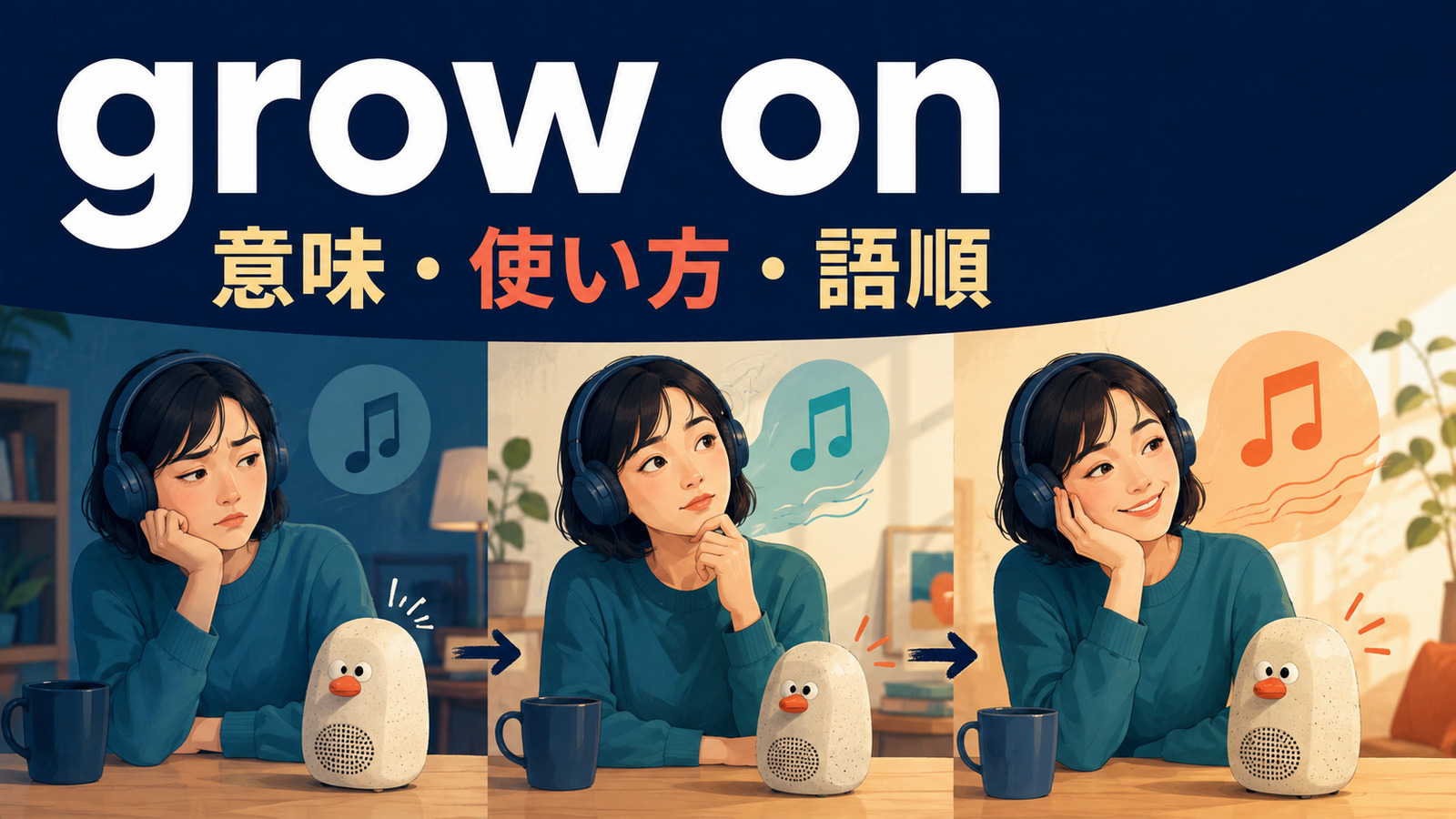 grow onの意味・使い方・語順を示すアイキャッチ画像
